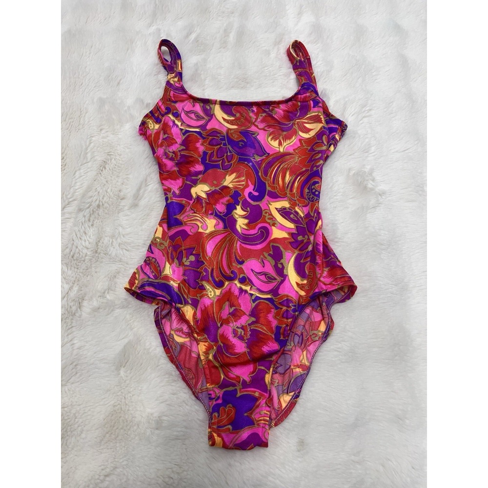 vintage jantzen swimsuit Elastolies Floral 80s One Piece Pink Red Retro